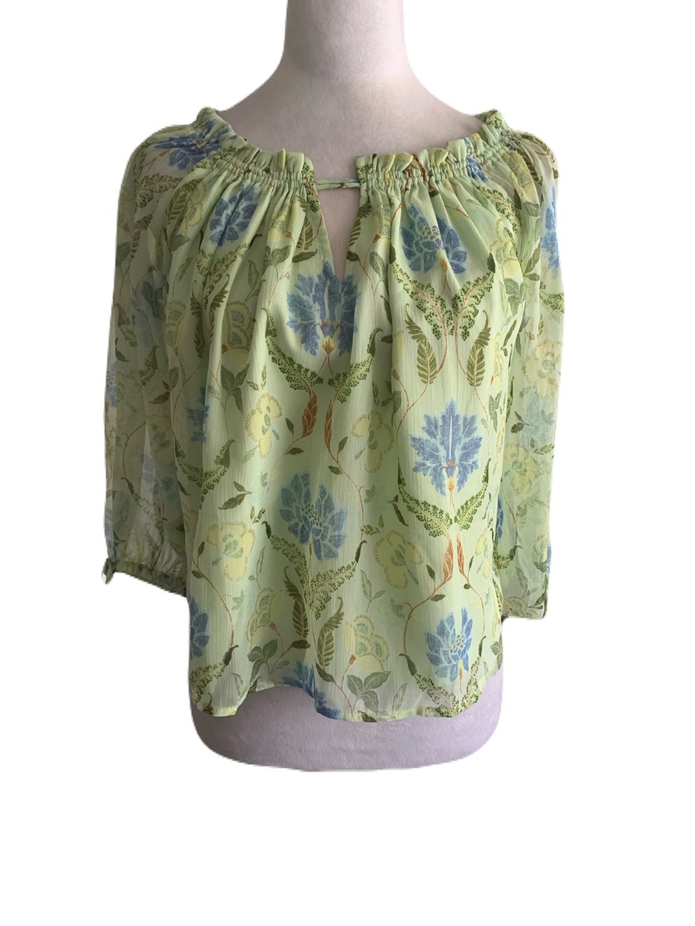 NWT Loft Petite Large Light Green Blue Floral Print Boho Feminine Blouse Top